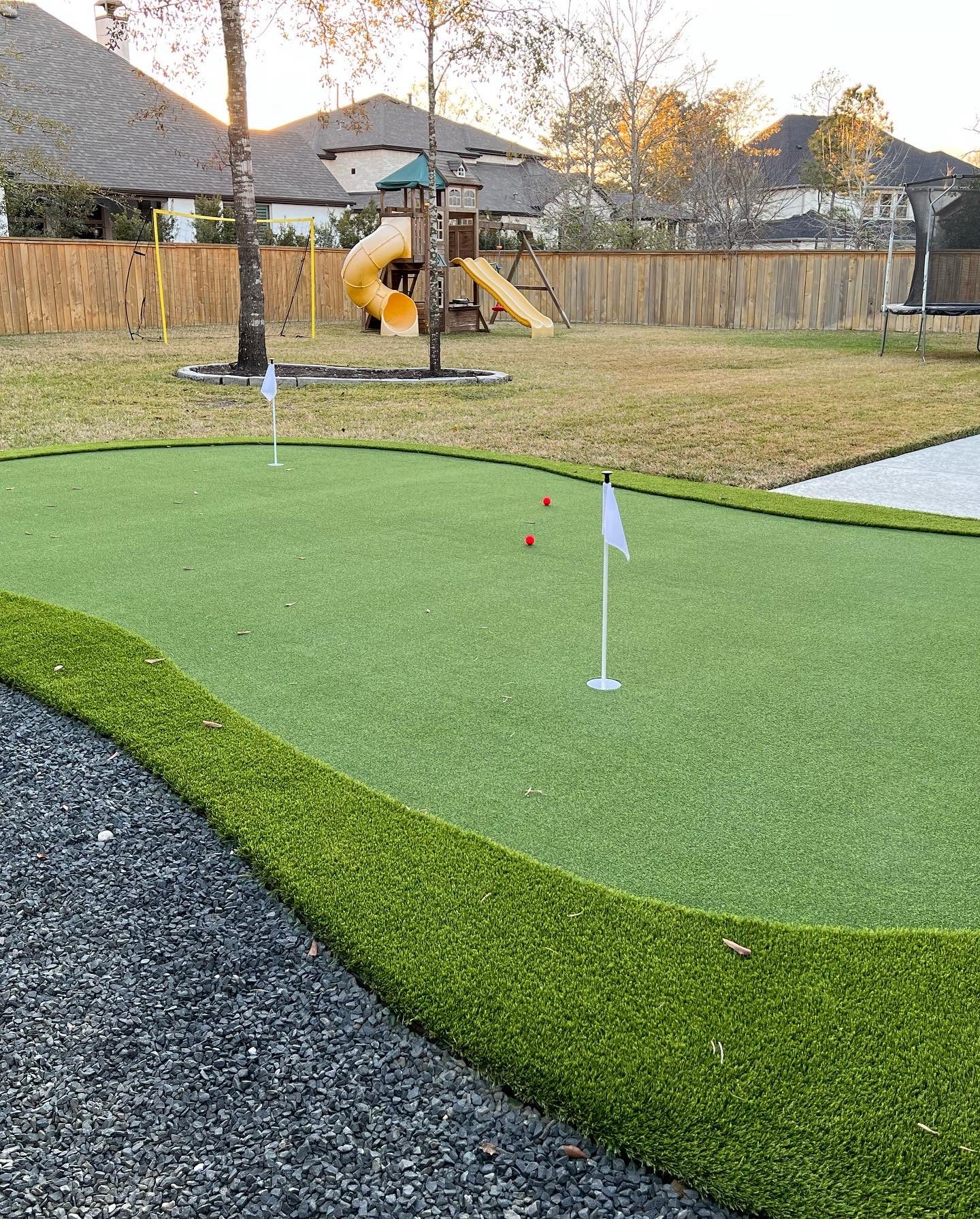 putting green installation grass landscaping work done in Houston, Texas residence
